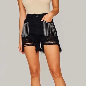 NWT black distressed denim shorts with sequin fringe tassel detail